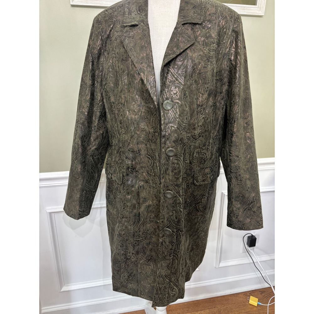 Go Fish Clothing Green Metallic Paisley Car Coat XL F79852 Boho Long Jacket New